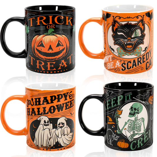 JarThenaAMCS 4Pcs Halloween Mugs Pumpkin Black Cat Ghost Skeleton Coffee Mug Orange Black Ceramic Drinking Cup for Halloween Party Table Centerpieces, 12oz