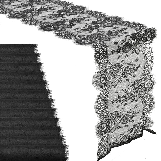 PercyEffie 10 Pcs Black Lace Table Runners Vintage Floral Embroidery Rustic Wedding Party Decor Halloween Engagement Home Hotel Tablecloth 118x13.6 Inch