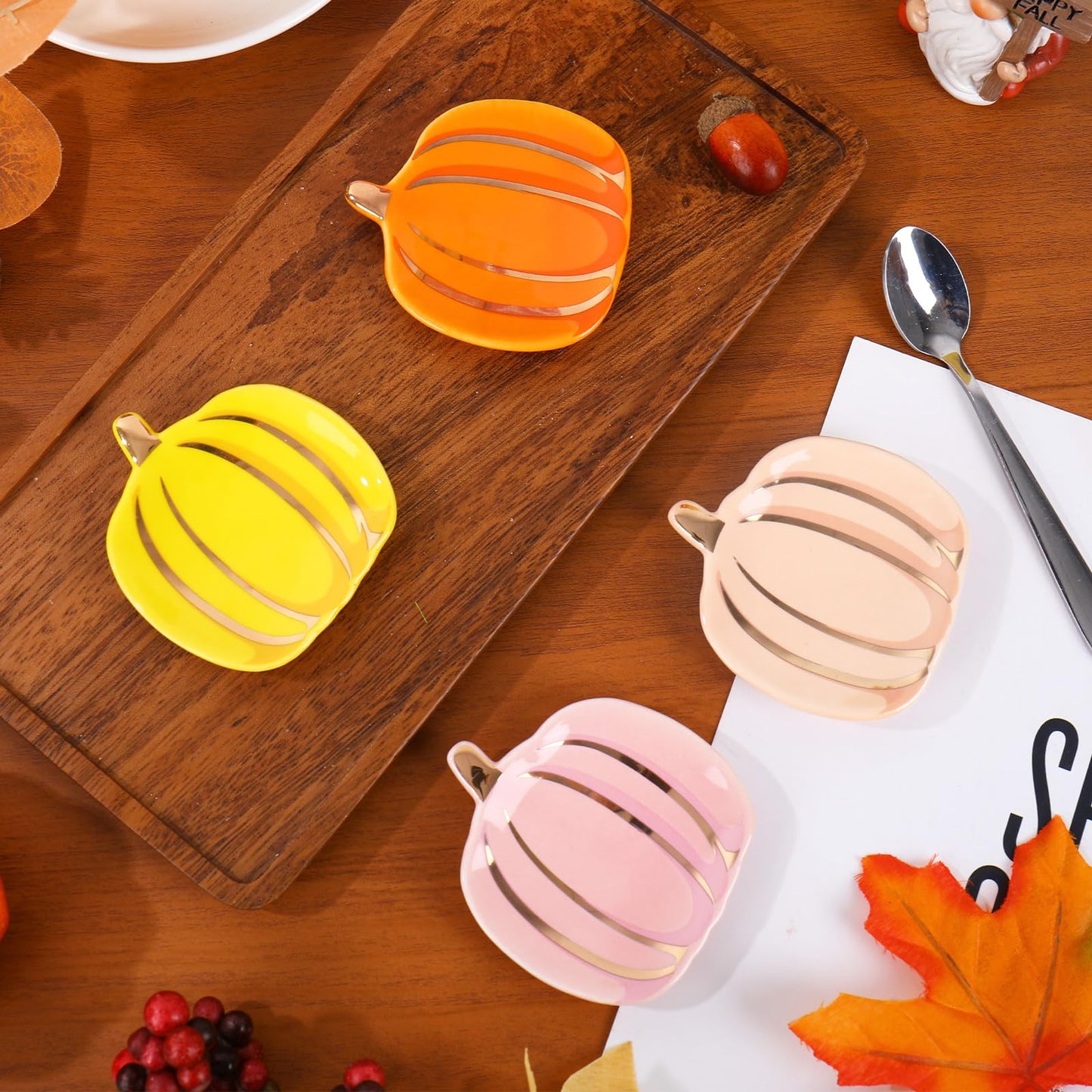 JarThenaAMCS 4 Pcs Fall Spoon Rest Pumpkin Shaped Ceramic Spoon Holder Sauce Dishes 2.7 Inch Ceramic Coffee Spoons Holder for Autumn Coffee Stirrer Teaspoon Bar Accessories Kitchen Office Decor
