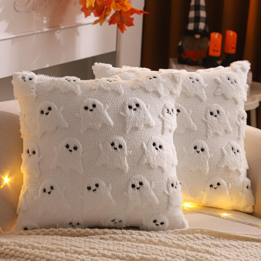 LUOYEHK Halloween Pillow Covers 16x16 Set of 2 White Ghost Decorative Pillow Cases Holiday Soft Plush Faux Fur Cushion Covers for Couch Sofa Bed
