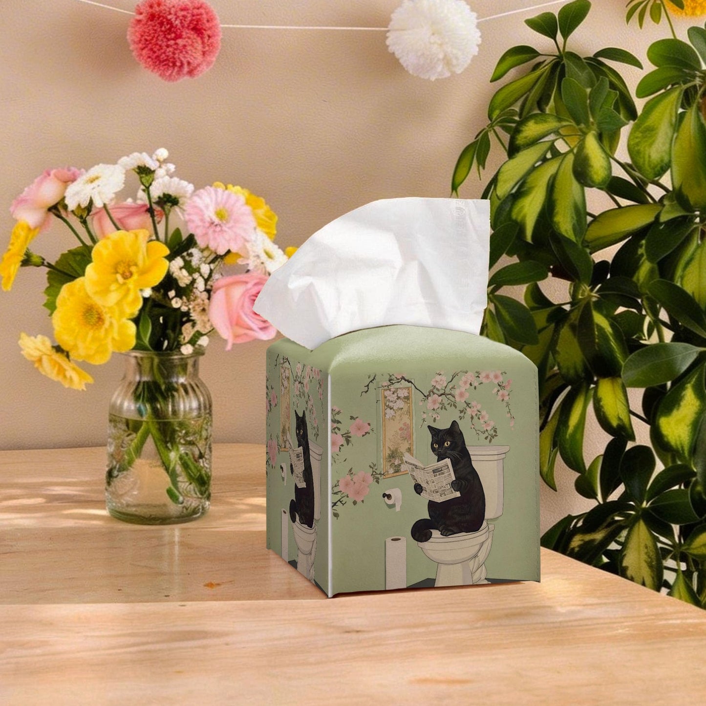 RWWNONW Vintage Black Cat Tissue Box Cover Square