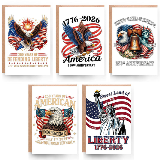 MEGLORT 250th Anniversary Greeting Cards with Envelopes, 5-Pack 4"x 6"(Folded), America 250 Years Card, Patriotic Thank You Cards for Veterans Day, Memorial Day, 4th of July & Military Gifts