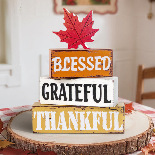 OLANRUN Thanksgiving Fall Decorations for Home, 4 PCS Wooden Fall Table Decor with Letter, Handmade Crafts Autumn Thanksgiving Decor Indoor for Office Farmhouse Home Bedroom Kitchen Mantel Tiered Tray
