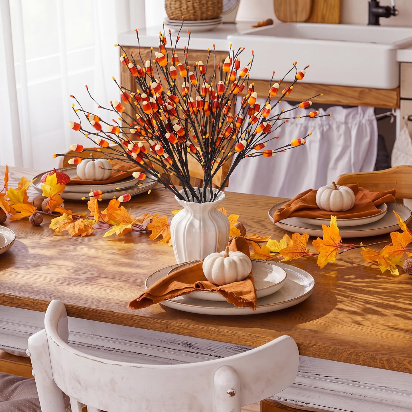 Yuxung 8 Pcs 20 Inch Halloween Candy Corn Artificial Stems Berry Spray with Fake Candies for Halloween Party Spooky Decoration, Faux Twigs and Branches for Vases Arrangement for Fall Season