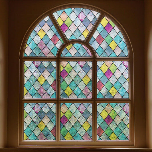FEOMOS Stained Glass Window Film, Window Privacy Films, Colorful Lattice Window Tint, Rainbow Glass Decals Stickers for Home Anti UV 17.3x118 inches