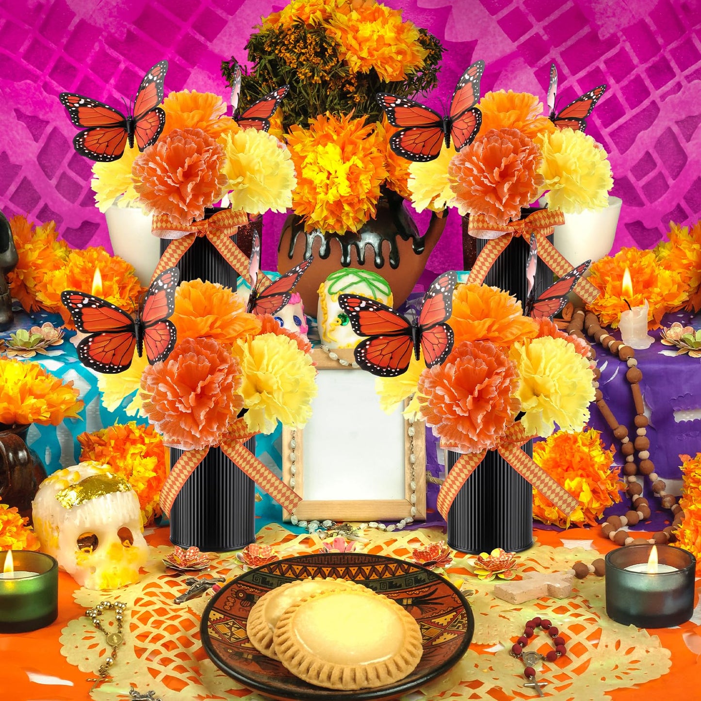 Reallnaive 55‬ Pcs Day of The Dead Altar Decorations Dia De Los Muertos Altar Decorations with Marigold Flower, Monarch Butterfly, Metal Pot and Ribbon for Mexican Day of The Dead Table Centerpiece