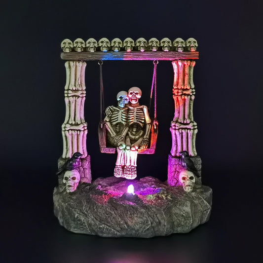 JORAE Swinging Skeleton Statue Couple on Light Up Color Changing LED Roman Pillars Skull Halloween Figurine Day of The Dead Collectible Home Decor, 6.7" H