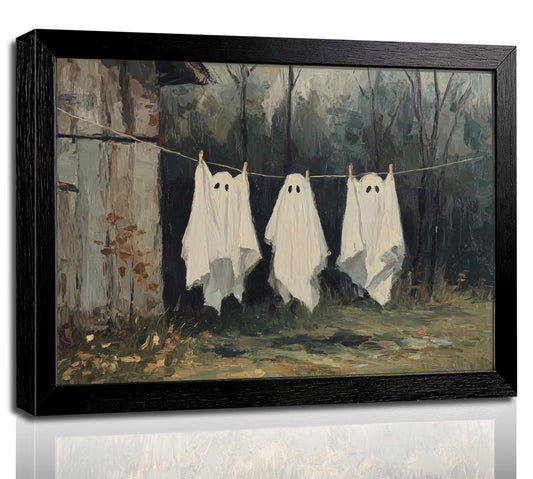 Framed Funny Ghost Laundry Wall Art, Vintage Halloween Canvas Print Poster, Gothic Dark Academy Spooky Decor for Living Room Bedroom, Cottagecore Home Decoration,