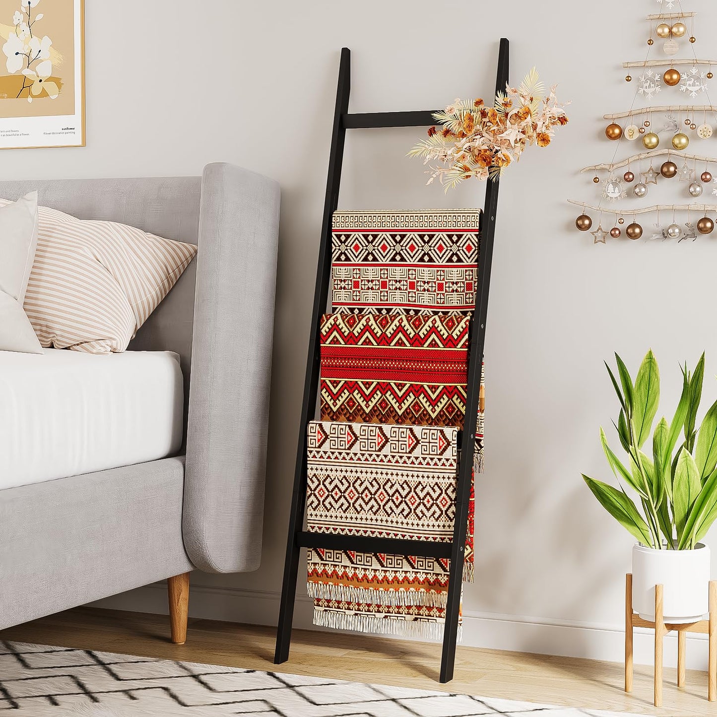 Blanket Ladder Towel Racks For Bathroom 5 Layers Towel Holder 100% Bamboo Wood Sturdy Construction No Need Wall Drilling Quilt Scarf Storage Solution Decorative Leaning Shelf for Living Room (Black)