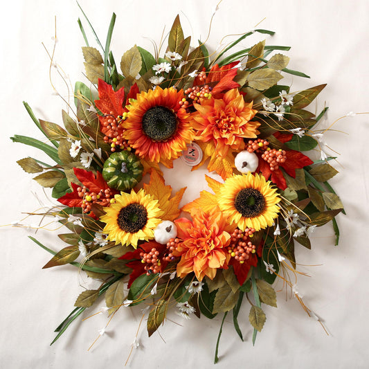 Sunflower Wreaths for Front Door Outside All Season, 24 Inch Artificial Dahlia and Sunflower Door Wreath with Greenery, Pumpkins and Maple Leaves for Home Porch Decor