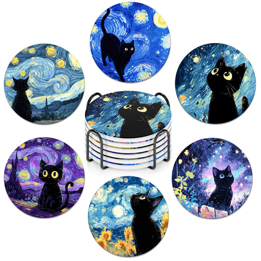 Rueneaj 6-Piece Ceramic Coaster Set with Tray Diameter: 3.94 in Thickened Absorbent Material Heat-Resistant and Water-Absorbent Coaster Set Suitable for All Types of Cups， Van Gogh Cats
