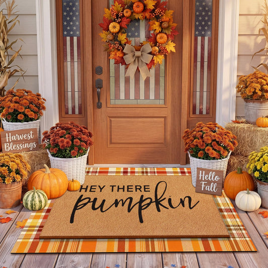 Drydiet Fall 2 Pcs Fall Layered Doormat Set Hey There Pumpkin Doormat with Stripe Layering Rug for Autumn Thanksgiving Front Door Porch Entryway Decor (Orange)