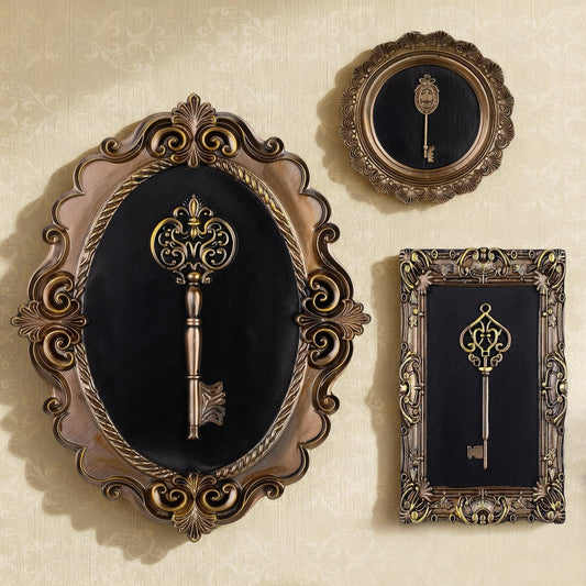 Kathfly 3 Pack Vintage Antique Key Wall Sculpture Gothic Framed Wall Art Hallway Gallery Victorian Decor Bronze Oval Rectangle Round Picture Frame Statue Skeleton Key Home Ornament Gift