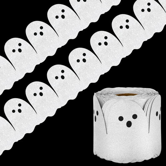 Whaline 65.6Ft Halloween Bulletin Board Border Glitter White Ghost Die Cut Trim Border Roll for Spooky Chalkboard Wall Decor