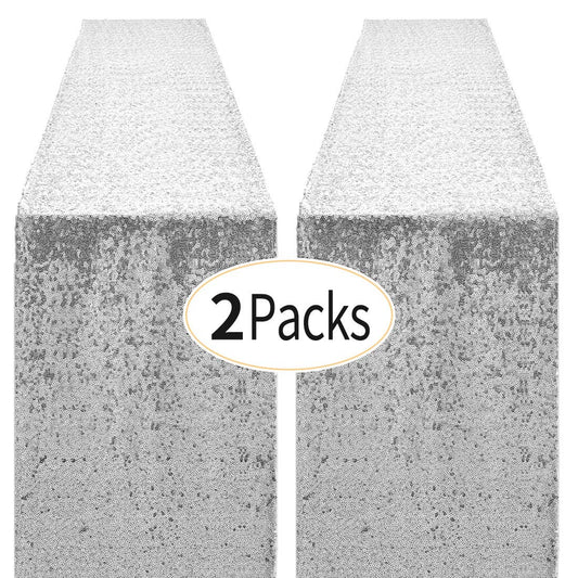 2 Packs 12 x 72 inches Silver Sequin Table Runner, Glitter Runner for Birthday Party Supplies Decorations Wedding Bachelorette Holiday Celebration Bridal Shower Baby Shower