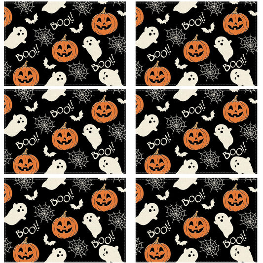 XCHI Boo Spooky Ghost Pumpkin Halloween Cloth Placemats Set of 6 Table Mats Table Decorations 12x18 Inch