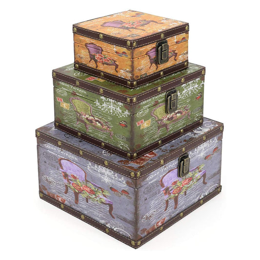 Jolitac Wood Storage Box Set of 3, Vintage Decorative Nesting Boxes Wooden Treasure Storage Crates With Latch, Home Decor Rustic Antique Boxes With Lid for Photos, Jewelry, Cash (Chair)