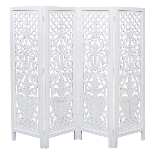 Room Divider Wood Screen Panel – White, 4-Panel Folding 64"x54", Hand-Carved, Reversible Privacy Partition, Decorative & Functional Portable Room Divider for Home or Office