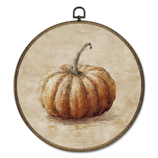 OINDADE Vintage Fall Pumpkin Round Wall Art Decor, Rustic Fall Pumpkin Wall Art Hanging Decor, Vintage Retro Autumn Halloween Framed Canvas Artwork for Farmhouse Living Room Bedroom, 10x10in