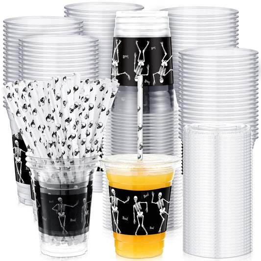 meekoo 50 Sets Skeleton Cup with Flat Lids and Straws 12 oz White Black Skeleton Bone Plastic Cups Clear Drink Disposable Cups with Lids for Halloween Decoration Mega Haunted House