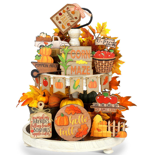 BBTO Set of 15 Fall Tiered Tray Decor Pumpkins Farmhouse Decor Autumn Maple Leaf Thanksgiving Table Centerpieces Harvest Wood Blocks Signs for Home(Harvest Style)