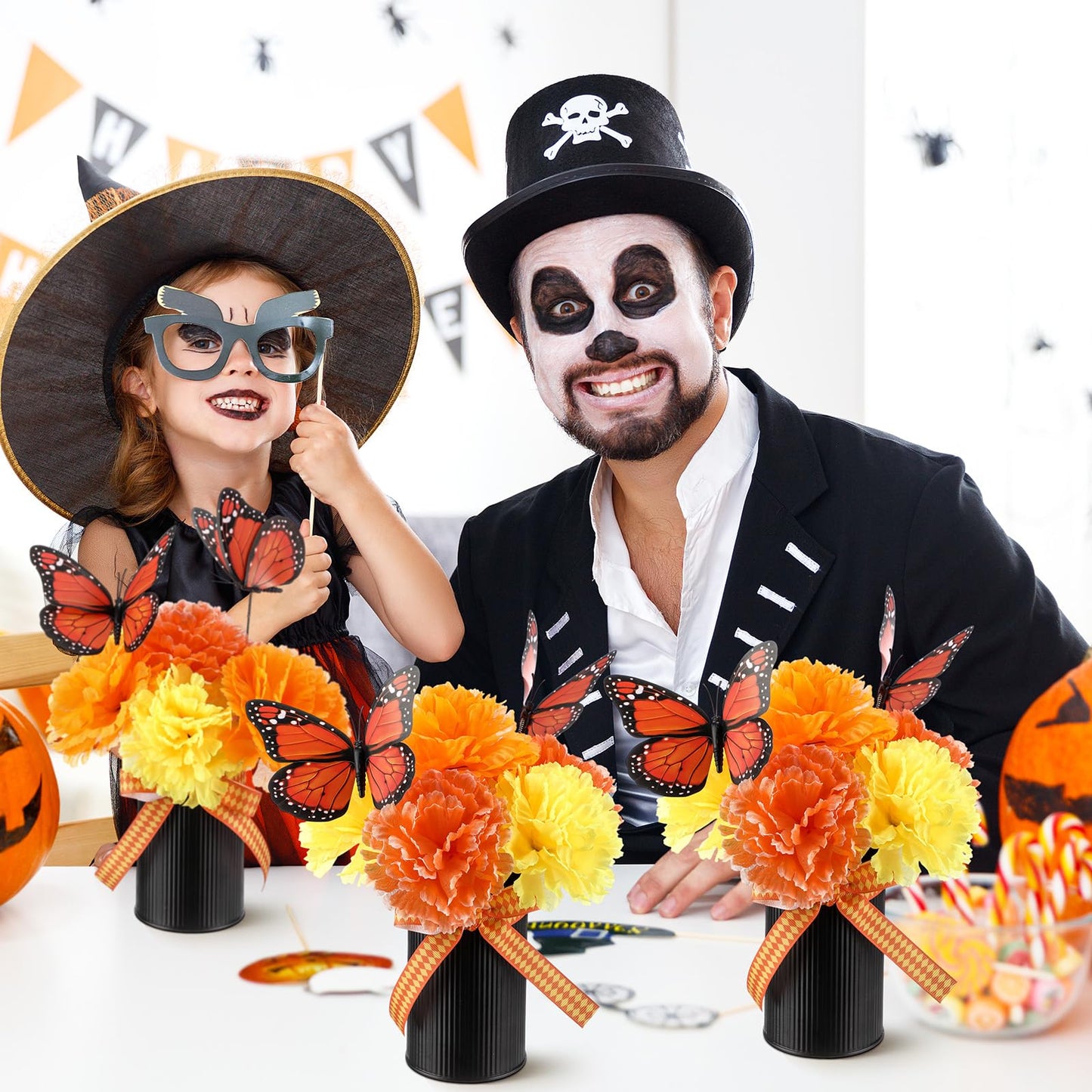 Reallnaive 55‬ Pcs Day of The Dead Altar Decorations Dia De Los Muertos Altar Decorations with Marigold Flower, Monarch Butterfly, Metal Pot and Ribbon for Mexican Day of The Dead Table Centerpiece