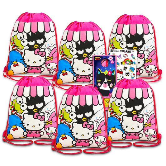 Hello Kitty Party Favor Bags Set - Bundle with 6 Drawstring Bags for Kids with Stickers and More | Hello Kitty Birthday Party Supplies