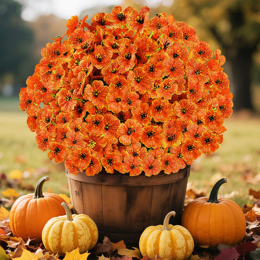 AmberFun 24 Bundles Artificial Fall Flowers for Outdoors, Realistic Fake Mums for Autumn Outside Decoration, Faux Orange Flowers for Planter, Window Box Porch Patio Decor