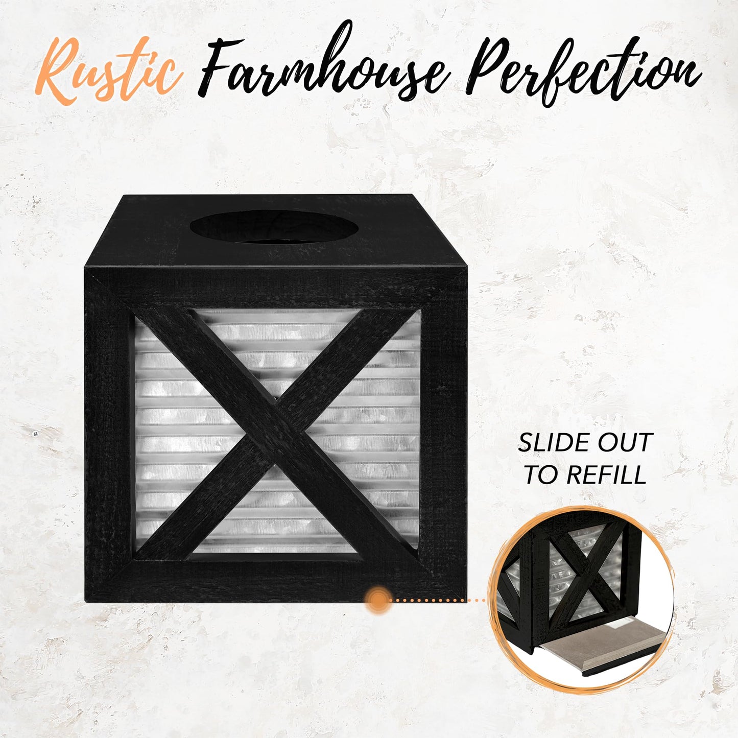 Autumn Alley Barn Door Square Farmhouse Tissue Box Cover in Black and Galvanized – Farmhouse Bathroom Accessories – Rustic Bathroom Décor Tissue Holder | Wood Galvanized Tissue Box Cover