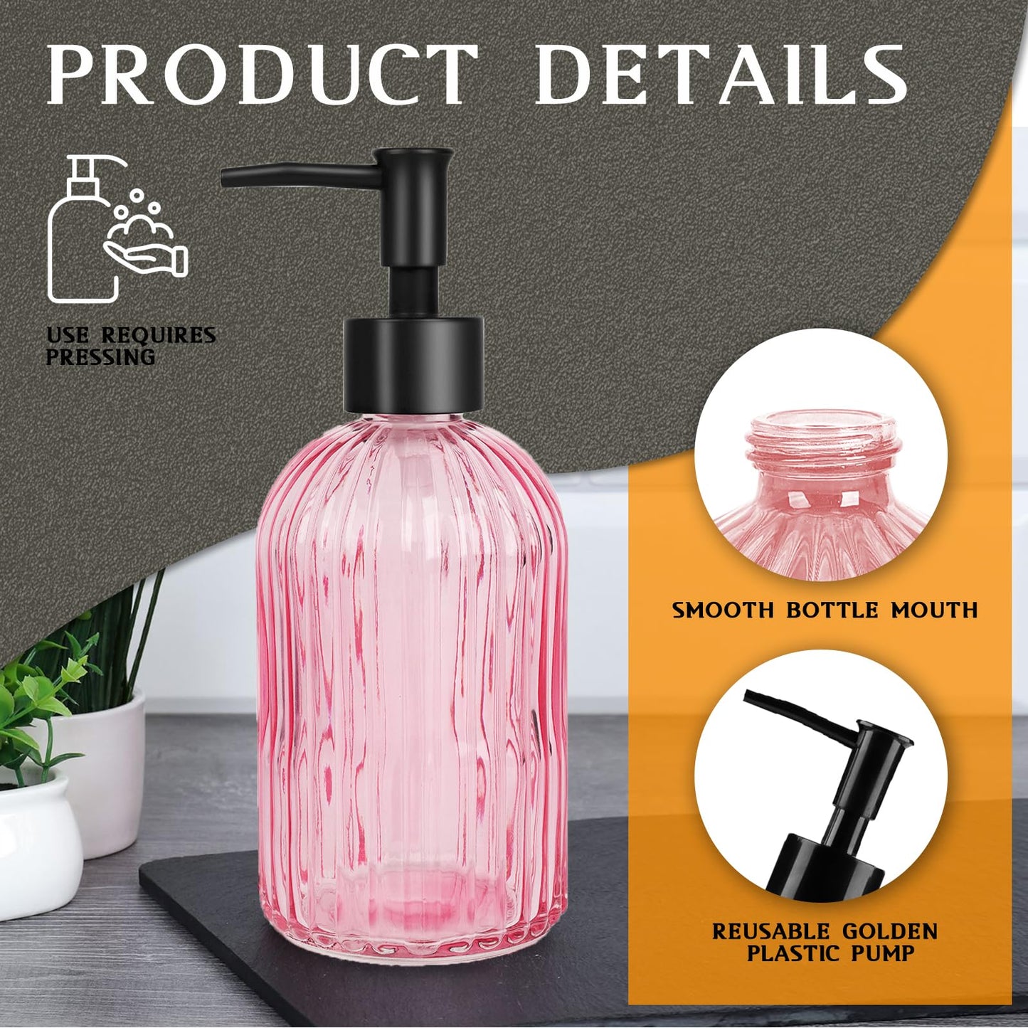 YTDTKJ Pink Glass Soap Dispenser Set with Black Plastic Pump, 400ml/13oz Refillable Liquid Hand Soap Dispenser, Kitchen Dish Soap dispensers for Lotion, Shower & Shampoo, Home, Hotel (2 Pack)