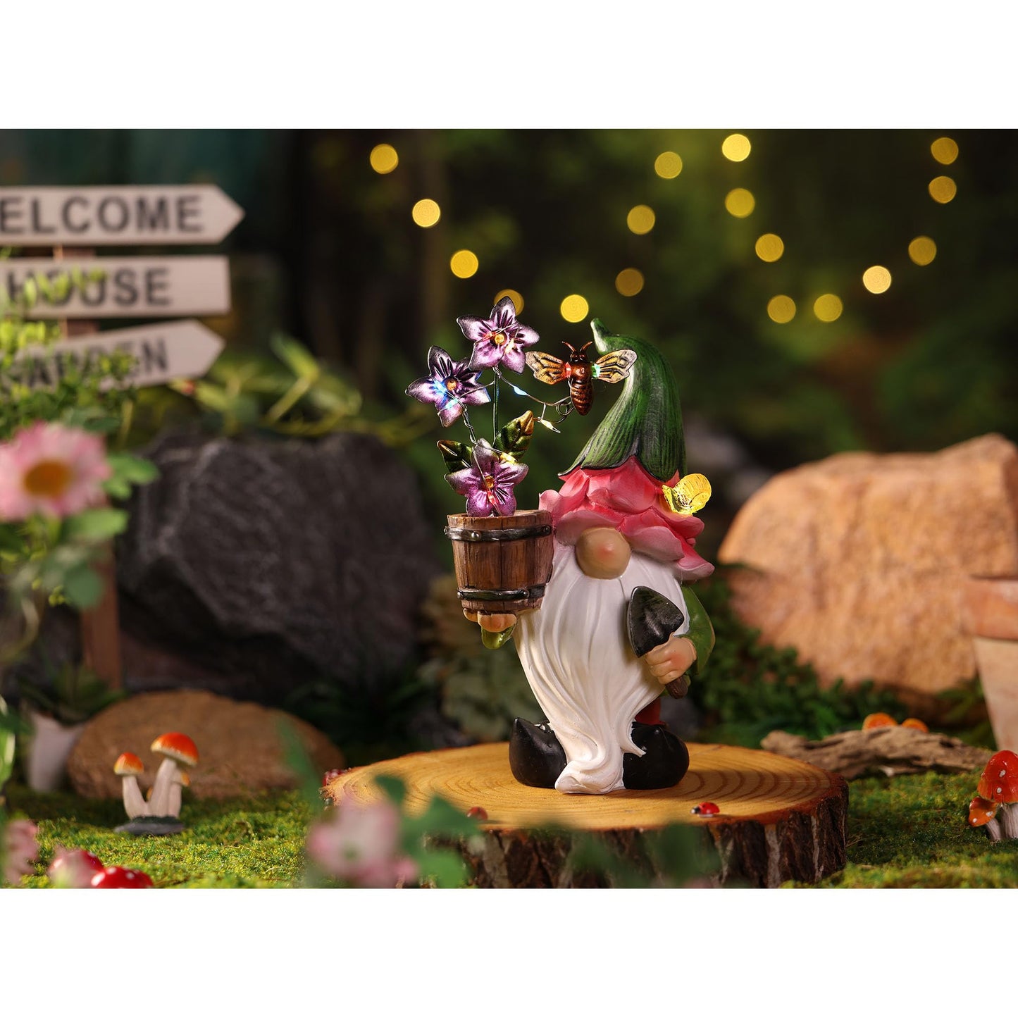 Outdoor Garden Gnomes Statues with Solar Lights Gnomes Gardening Birthday Gifts for Women Mom Grandma, Gnome Sculpture Figurine Outside Garden Decorations for Yard Patio Porch Lawn Backyard Decor