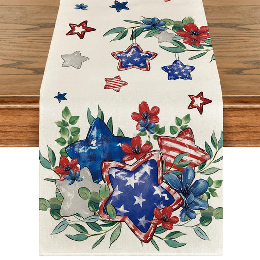 Artoid Mode Eucalyptus Flowers Stars Patriotic 4th of July Table Runner, Memorial Day Kitchen Dining Table Decoration for Home Party Decor 13x36 Inch