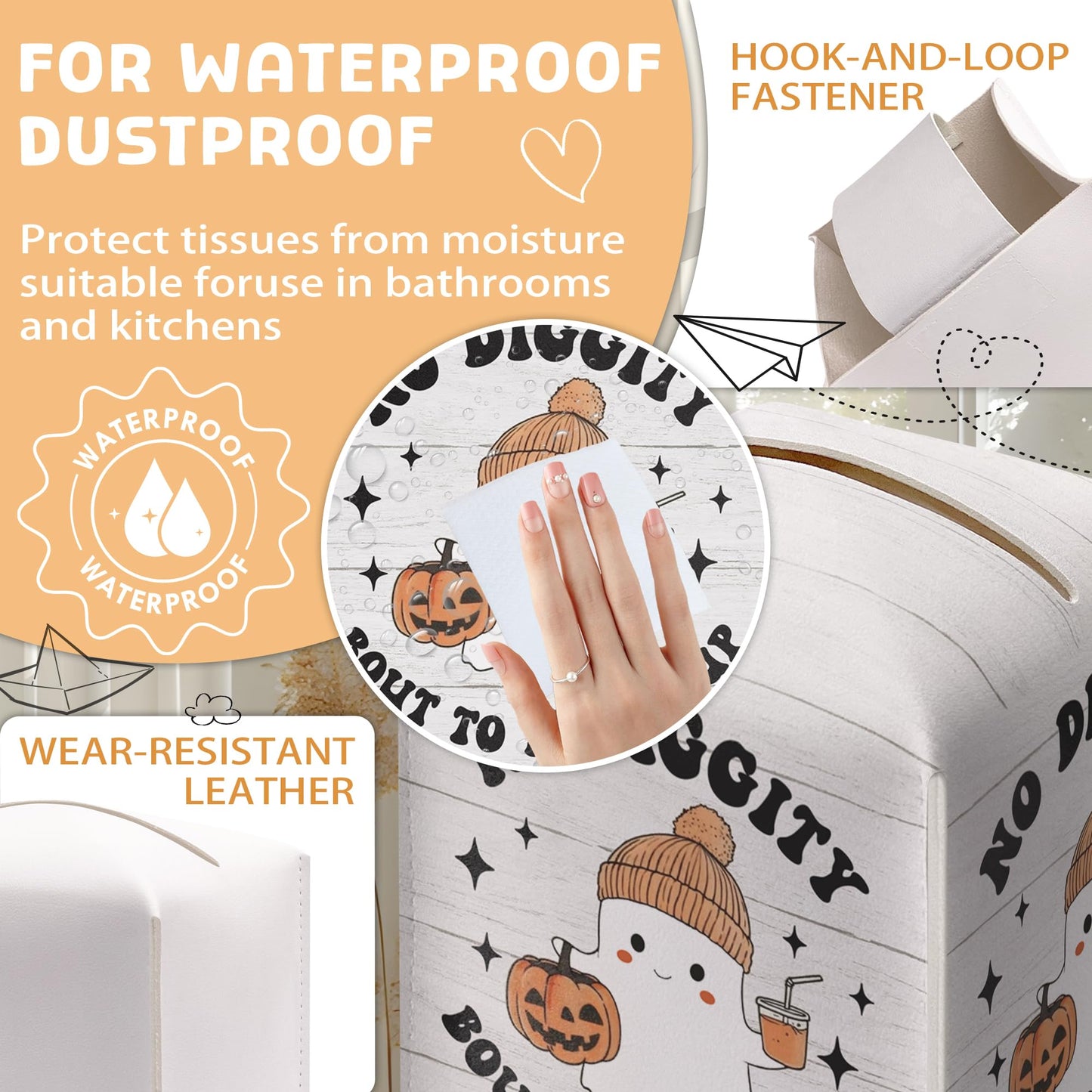 Halloween Tissue Box Holder, No Diggity Bout to Bag It Up Cute Ghost Leather Tissue Box Cover Square, Facial Paper Organizer Dispenser Toilet Paper Holder for Bathroom Kitchen Office Home Decor-A06