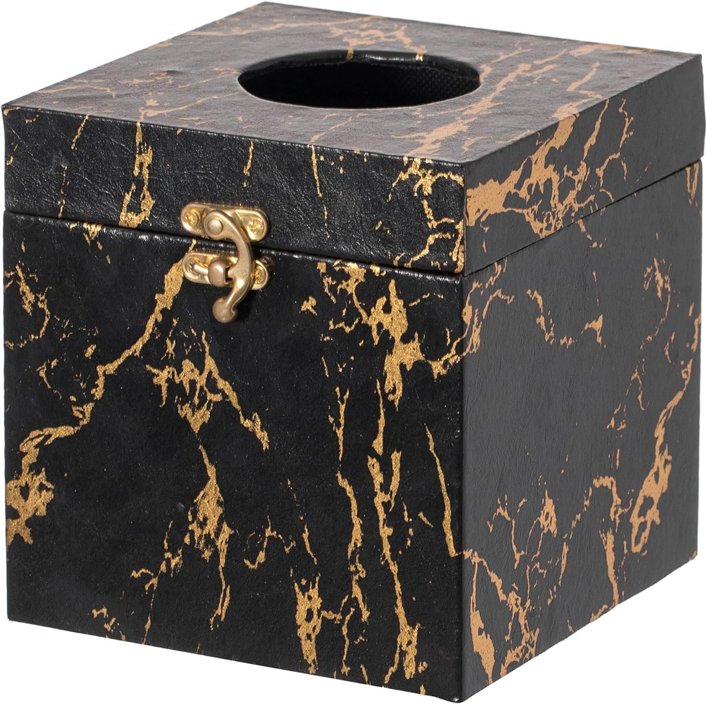 UPPER DECOR Black and Gold Marble Tissue Box Cover for Kleenex Box, Modern Elegant Tissue Box Holder with Lock for Bathroom, Bedroom, and Living Room, Square Shape Toilet Tissue Holder Organizer