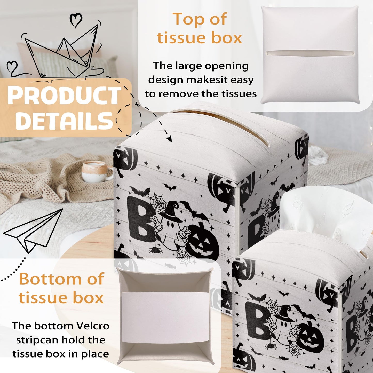 Boo Halloween Tissue Box Holder, Black Spooky Pumpkin Leather Tissue Box Cover Square, Horror Facial Paper Organizer Dispenser Toilet Paper Holder for Bathroom Kitchen Office Home Decor-A11
