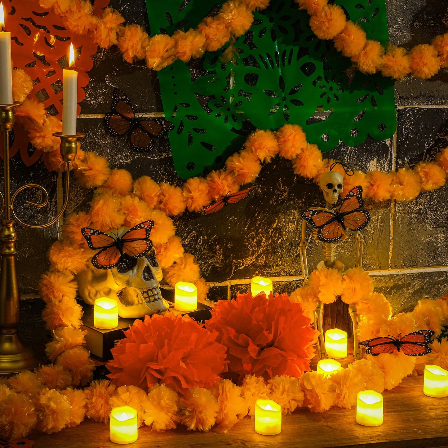 Fulmoon 46 Pcs Day of The Dead Altar Decoration Dia De Los Muertos Decor Include 4 Marigold Garland 12 Flameless Candles 2 Mexican Banner 12 Monarch Butterfly 6 Marigold Flower Head 10 Paper Dollies