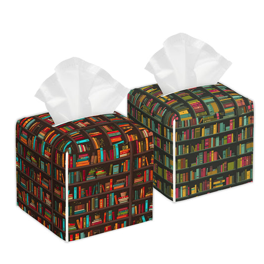 Bookshelves Full of Books Tissue Box Cover 2Pcs PU Leather Tissue Box Holder for Home, Square Tissue Holder for Harvest Autumn Season Halloween Thanksgiving Gift