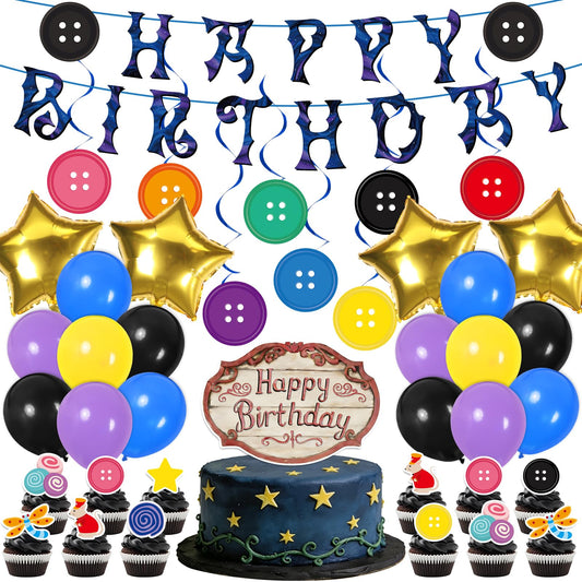 Button Birthday Party Decorations Set Colorful Button Eyes Hanging Swirls Happy Birthday Banner Horror Cartoon Movie Cupcake Toppers Purple Blue Yellow Black Balloons for Halloween Party Supplies