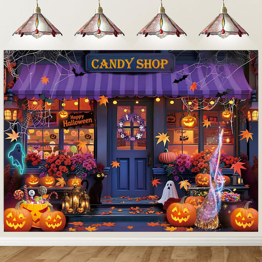 Halloween Candy Shop Backdrop Magic Witch Pumpkin Shop Maple Leaves Photography Background Halloween Pumpkin Lantern Night Theme Party Decorations Banner (8X6FT(94 x 70 inch))