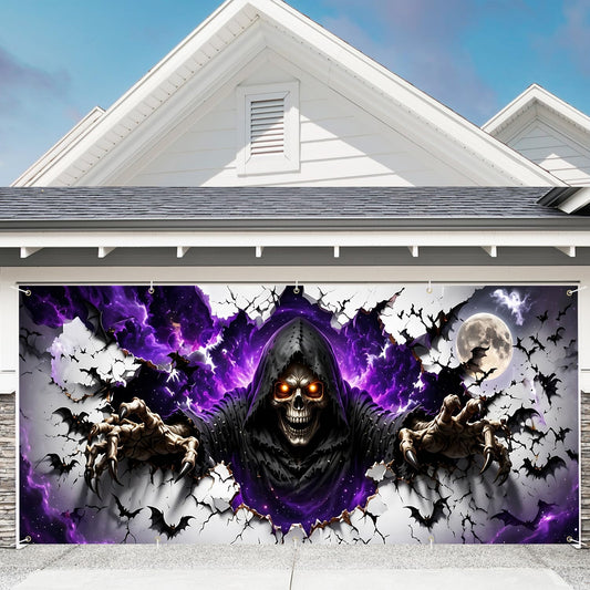 7 x 16 ft Purple Grim Halloween Garage Door Decorations Halloween decorations Door Cover, Hanging Banner for Home, Outdoor, Indoor, Spooky Party, Wall, Window