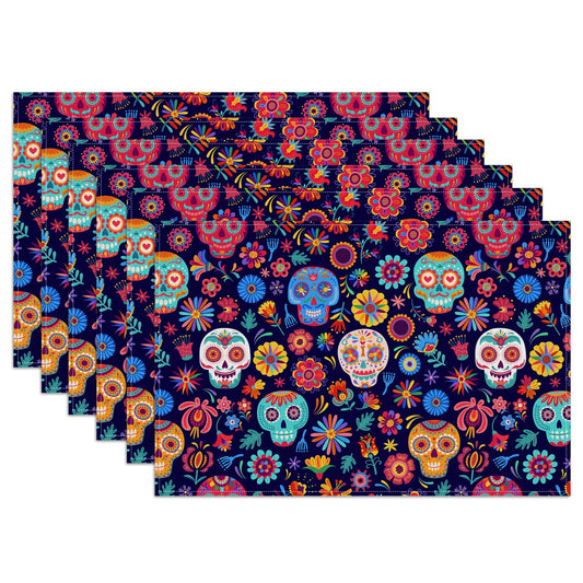 Sugar Skull Mexican Día de Los Muertos Placemats Set of 6, Halloween Washable Linen Place Mat Heat Resistant Non Slip Kitchen Dining Table Mats 12x18 Inch