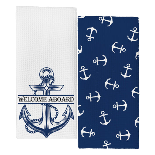KGHYT Ocean Boat Kitchen Towels,Welcome Aboard Navy Blue Hand Towels Dish Towels for Boat Home Farmhouse Bathroom,16x24 Inches Set of 2.(042)