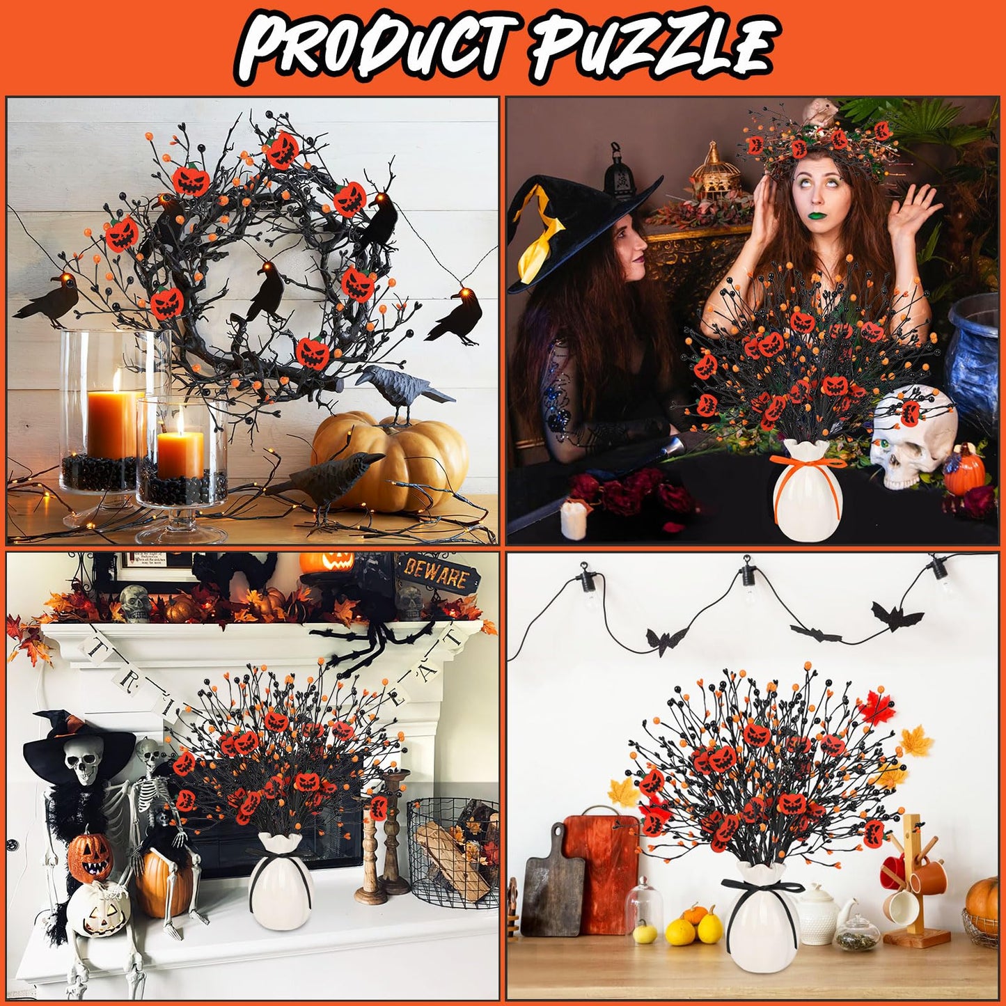 JUNEBRUSHS 6 Pcs Artificial Pumpkin Stems with Black Branches and 2 Roll Ribbons for Halloween Vase Bouquet Arrangement Wreath Table Centerpiece Home Party Decor