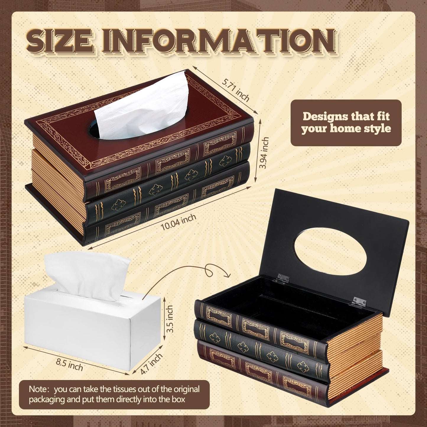 Teenyyou 2 Pcs Wooden Retro Book Tissue Box Cover Antique Tissue Box Cover Rectangular Classical Novelty Toilet Paper Holder Dispenser Medieval Home Decor for Bathroom Living Room Office Car Kitchen