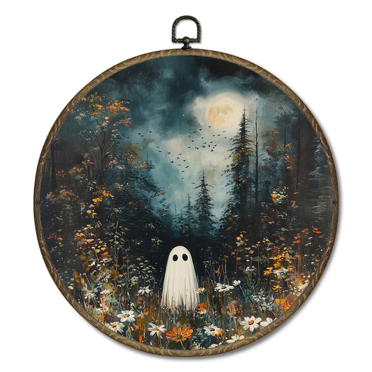 OINDADE Halloween Ghost Round Wall Art Decor, Vintage Cottagecore Ghost Wall Art Hanging Decor, Fall Halloween WallArt, Rustic Fall Forest Night Framed Canvas Artwork for Home Living Room, 10x10in