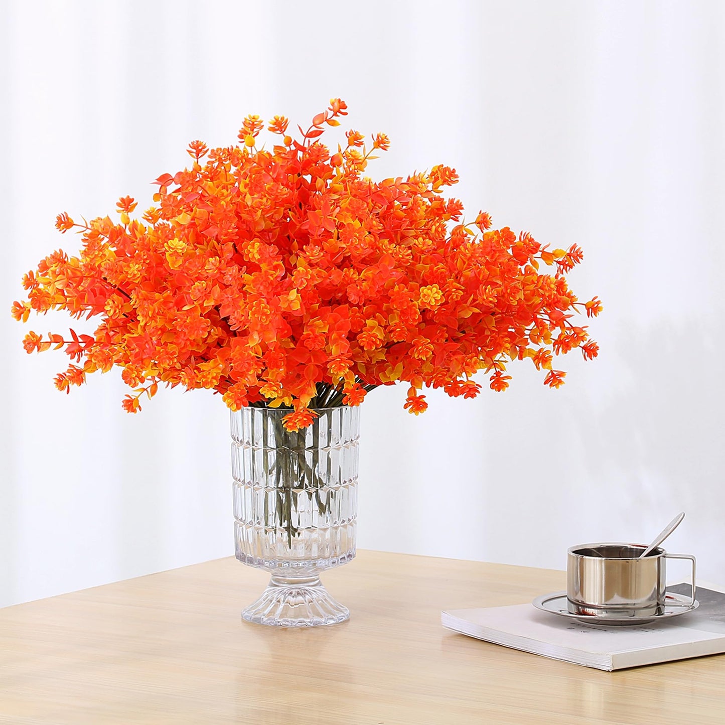 SITUMEIZI Artificial Mums for Outdoor Fall Flowers,Faux Flower Eucalyptus Leaves Fake Plants Greenery Outside Plastic Proch Patio Front Fall Halloween Thanksgiving Decorations(8Pcs,Orange)