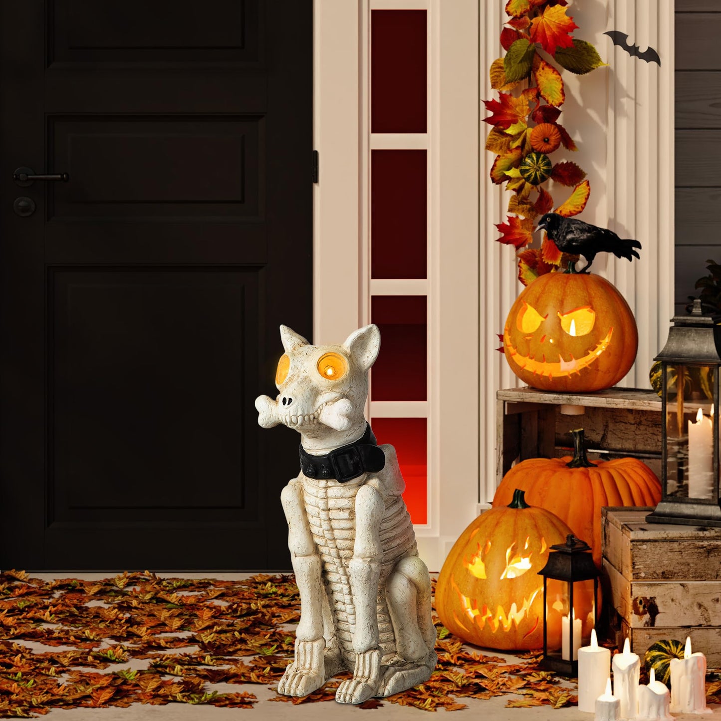 Glitzhome Halloween Porch Decorations, Lighted Halloween Front Porch Standing Sign Decor with Timer, MGO Skeleton Dog Sign for Indoor Patio Party, 20.5" H