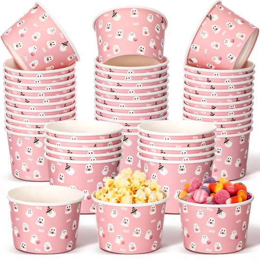 Spiareal 24 Pcs Halloween Bowls Pink Ghost Disposable Paper Bowls 9oz Halloween Treat Snack Cups Candy Dessert Ice Cream Party Cups for Holiday Table Decoration Party Favor Supplies