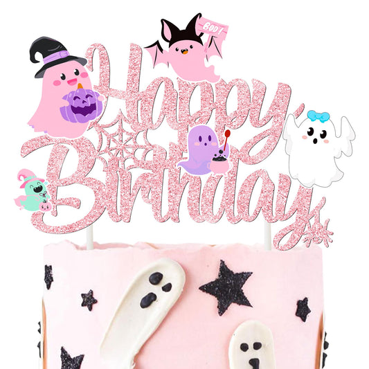 Ghost Birthday Cake Topper Pink Glitter Halloween Birthday Party Decorations Lovely Ghost Cake Picks Ghosts Theme Cake Decorations for Happy Boo Day Party Supplies