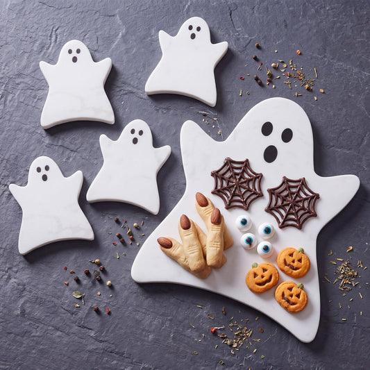 Reallnaive Halloween Ghost Marble Cheese Board with 4 Ghost Coasters Set Charcuterie Cutting Tray Halloween Marble Serving Decorative for Decoration Charcuterie Kitchen